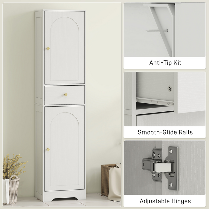 HOMCOM Tall Bathroom Storage Cabinet with Arch Doors Adjustable Shelf White