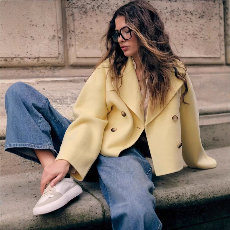 Lapel Long Sleeve Double Breasted Short Woolen Coat