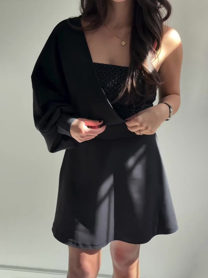 Black Two-Piece Set With Textured Strapless Top And Flared Mini Skirt