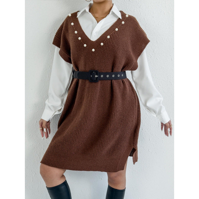 Preppy Style Casual Vest Dress V-neck Beaded Loose