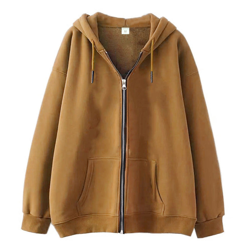 Full-zip Hoodie With Fleece-lined Solid-color Sweatshirt