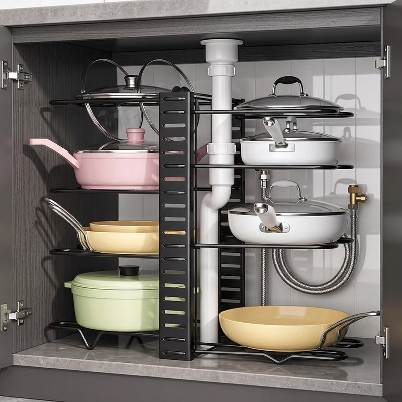 Adjustable Pan Organiser Pot Saucepan Kitchen Storage Rack Holder Sturdy Shelf