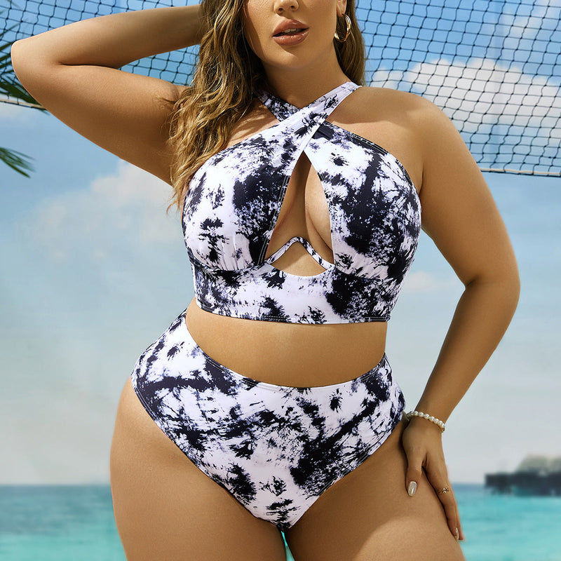 Cross Collar Random Printed Bikini Swimsuit Suit