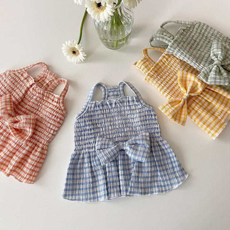 Spring And Summer Dog Bow Pleated Check Skirt