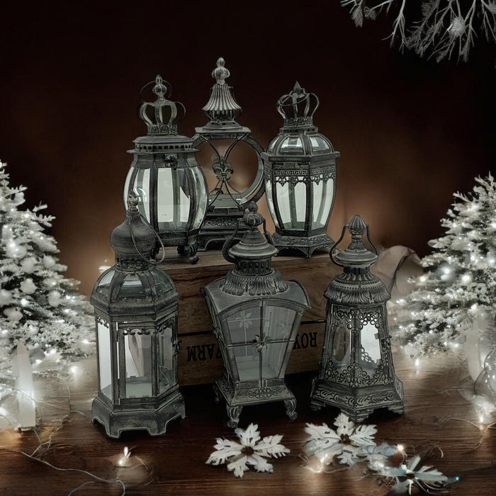 40CM 6 ASSORTED GREY METAL GARDEN LANTERNS