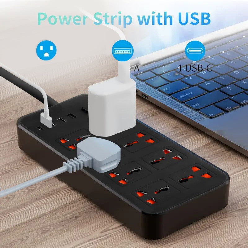 8 Gang Extension Lead with 3 USB & Type-C Fast Charging Power Plug Socket Slots