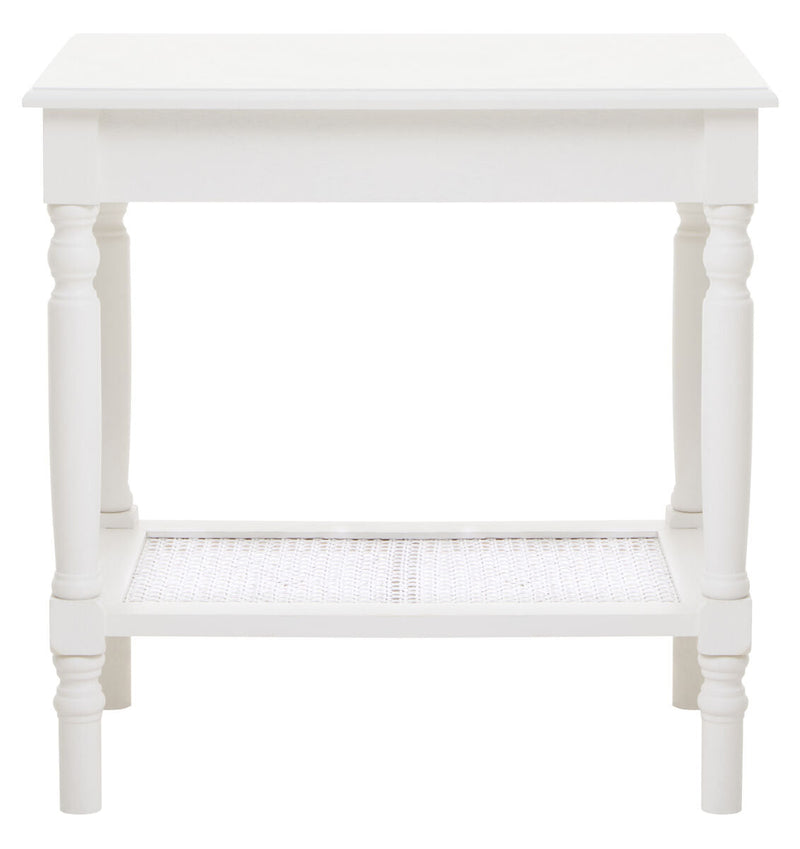 White Wooden 2-Tier Side Table with Cane Rattan Webbing Detail and Carved Legs | Heritage