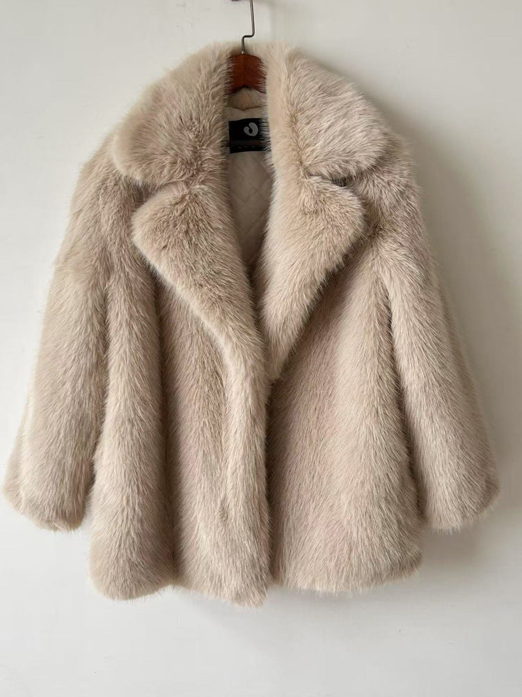 Women's Autumn Winter Warm Notched Collar Mid-Length Fur Coat
