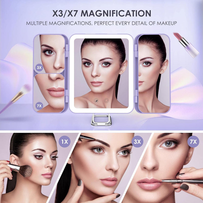 SEJOY Tri-Fold LED Makeup Mirror – 1X/3X/7X Magnification, 3 Light Colours, Rechargeable (Purple)