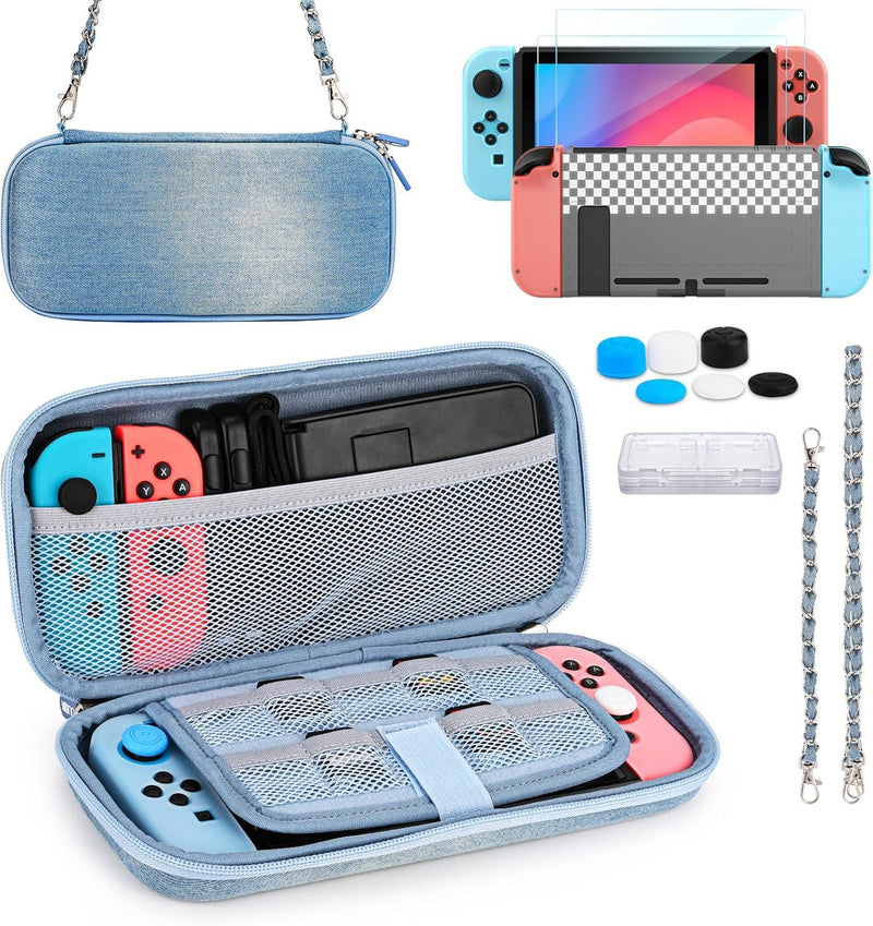 Nintendo Switch Case 13 in 1 Switch Accessories Denim Case with 9 Card Slots