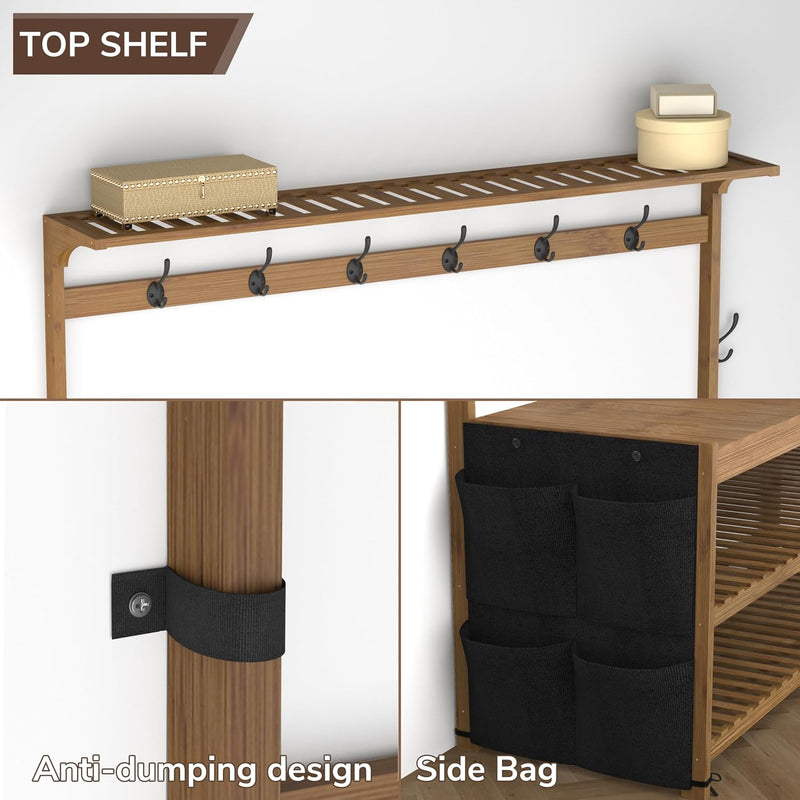 Bamboo Coat Rack 6 in 1 Hall Tree Shoe Bench 14 Hooks Storage Brown AMBIRD Entryway