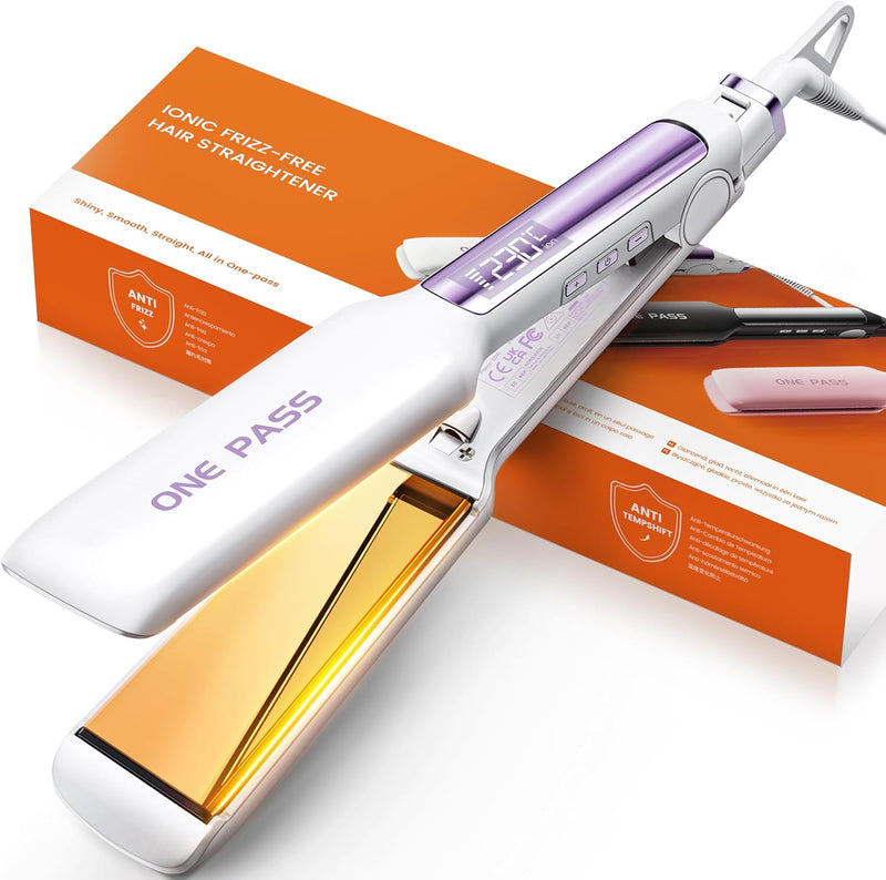 One-Pass Professional Hair Straighteners, 42mm Wide Plate Titanium Negative Ion Flat Iron, 30s Rapid Heating, 11 Adjustable Temperature Levels (130-230℃), Real-time Temperature Display (White)