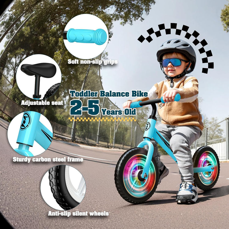 Kids Balance Bike (Ages 2-5) – Adjustable Seat & Handlebars, LED Light-Up Wheels, Supports up to 50kg | Blue