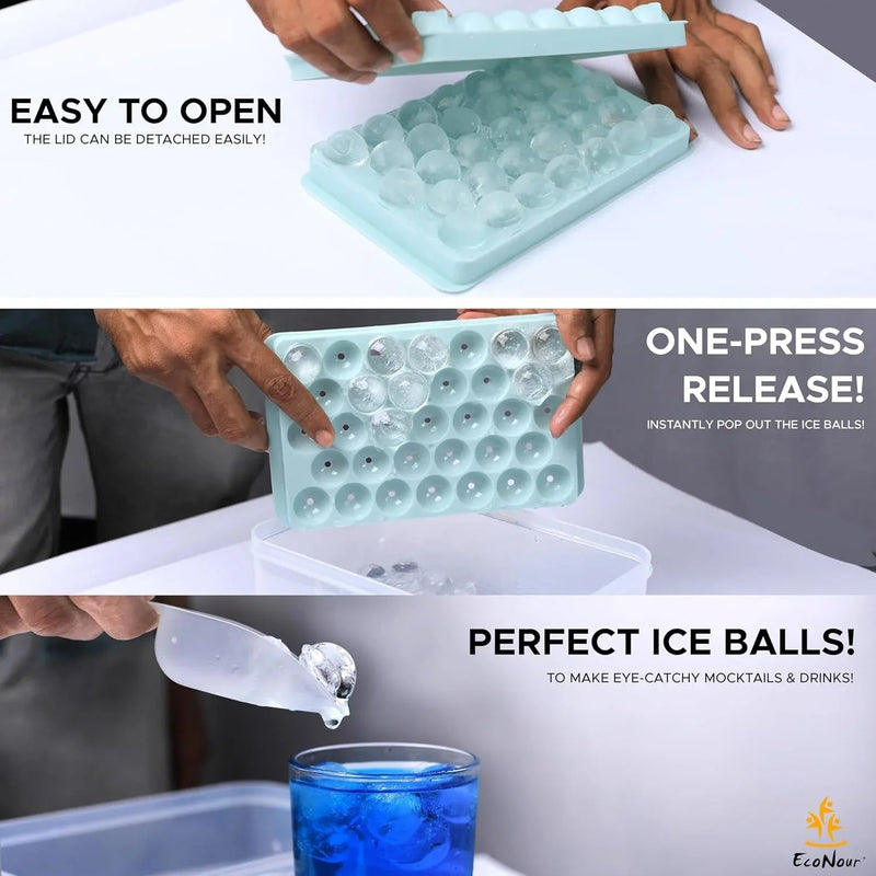 Reusable 66 Ice Ball Cube Set with Lid, Bin, Scoop and Tongs for Home Bar