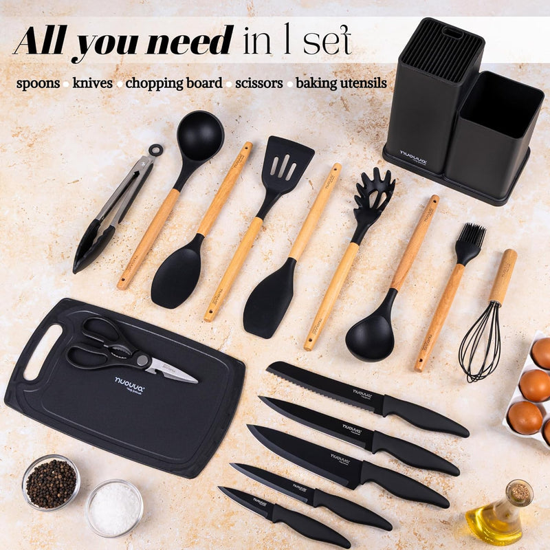 Cooking Utensils Set with Chopping Board – Knife Set with Block – Heat Resistant Silicone Utensils with Wooden Handle, Spoons, Ladles & Spatula – Kitchen Tools & Accessories – 17pcs, Grey – by Nuovva