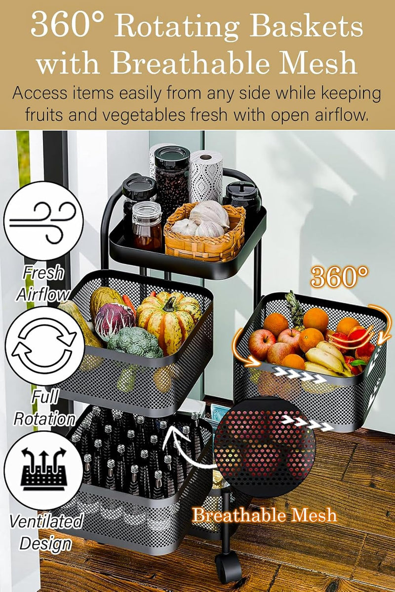 4 Tier Square Movable And Detachable Metal Rolling Trolley Cart Basket Shelf With Wheels – Kitchen Ideal Storage Rack For Vegetable, Fruit, Pantry, Bathroom – Black (4 - Tier)