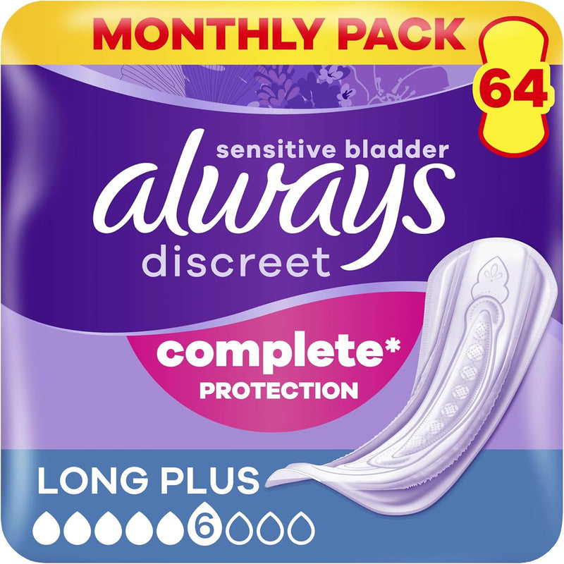 Always Discreet Incontinence Pads Long Plus 64ct, New but open/scruffy box