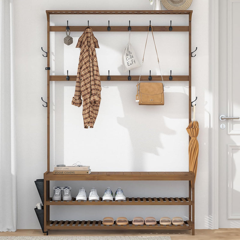 Bamboo Coat Rack 6 in 1 Hall Tree Shoe Bench 14 Hooks Storage Brown AMBIRD Entryway