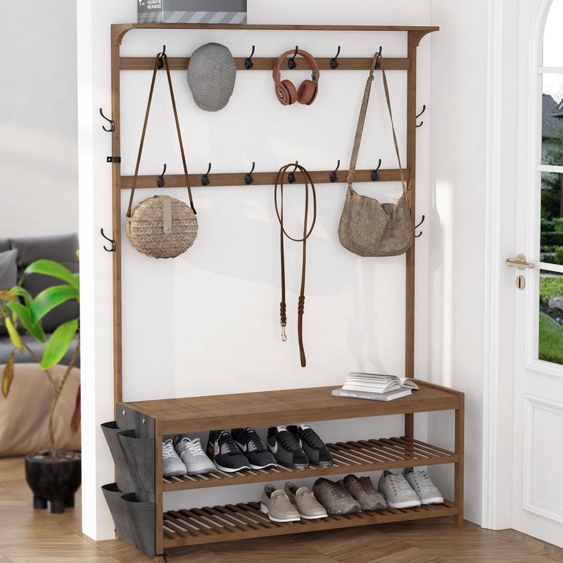Bamboo Coat Rack 6 in 1 Hall Tree Shoe Bench 14 Hooks Storage Brown AMBIRD Entryway