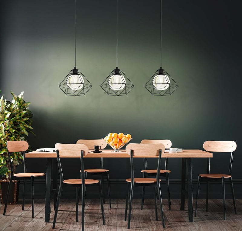 Pendant Light 3 Light Vintage Industrial Smoked Glass E27 Black Eglo Vernham