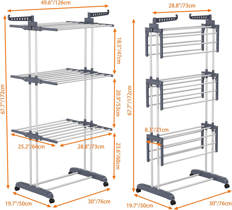Airer Clothes Drying Rack,4-Tier Foldable Clothes Hanger Adjustable Large Stainless Steel Garment Laundry Racks for Indoor Outdoor