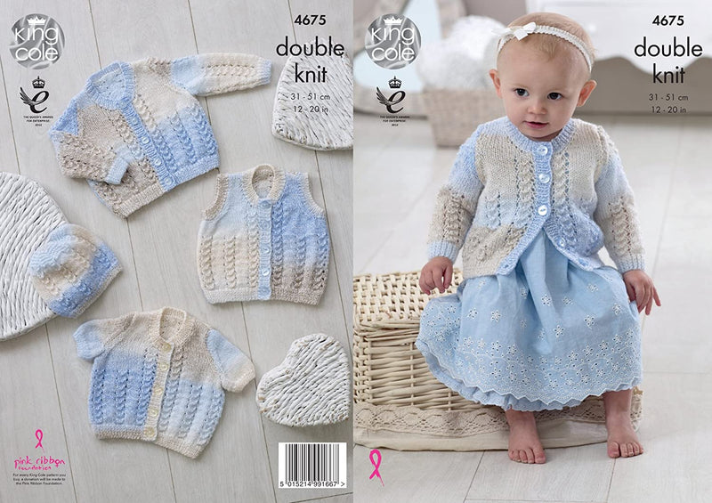 King Cole Baby DK Double Knitting Pattern Lacy Long or Short Sleeve Cardigans Waistcoat & Hat (4675)