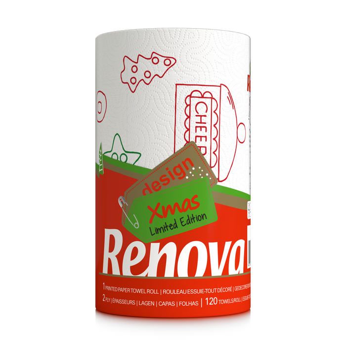 Renova Festive Christmas Kitchen Roll 1 Roll Per Pack – XXL Durable Holiday Paper Towels Decorative Designs 120 Sheets | 3x Larger Than Standard Rolls