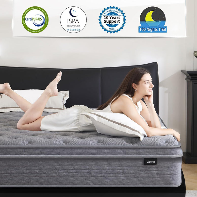 Vantto Memory Foam Hybrid Mattress, 10 Inch, Breathable Fabric Cover