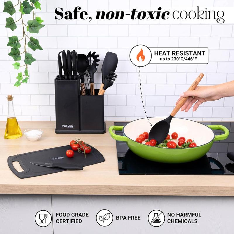 Cooking Utensils Set with Chopping Board – Knife Set with Block – Heat Resistant Silicone Utensils with Wooden Handle, Spoons, Ladles & Spatula – Kitchen Tools & Accessories – 17pcs, Grey – by Nuovva