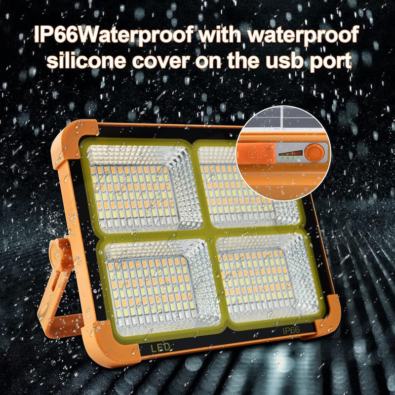 Solar LED Floodlight with Built-In USB Power Bank | 4 Brightness Settings | Waterproof Outdoor Security Light for Camping, Garage & Car Repair
