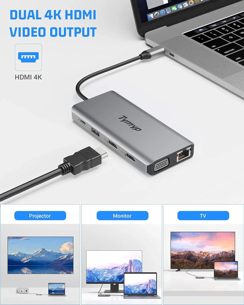 Tymyp USB C Docking Station 12 in 1 Hub Triple Display Laptop Dock With HDMI VGA