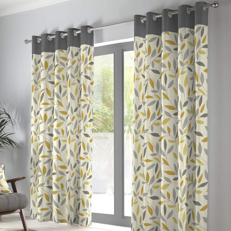 Fusion Grey & Ochre Leaf Curtains W66 x L90, New but open scruffy packaging