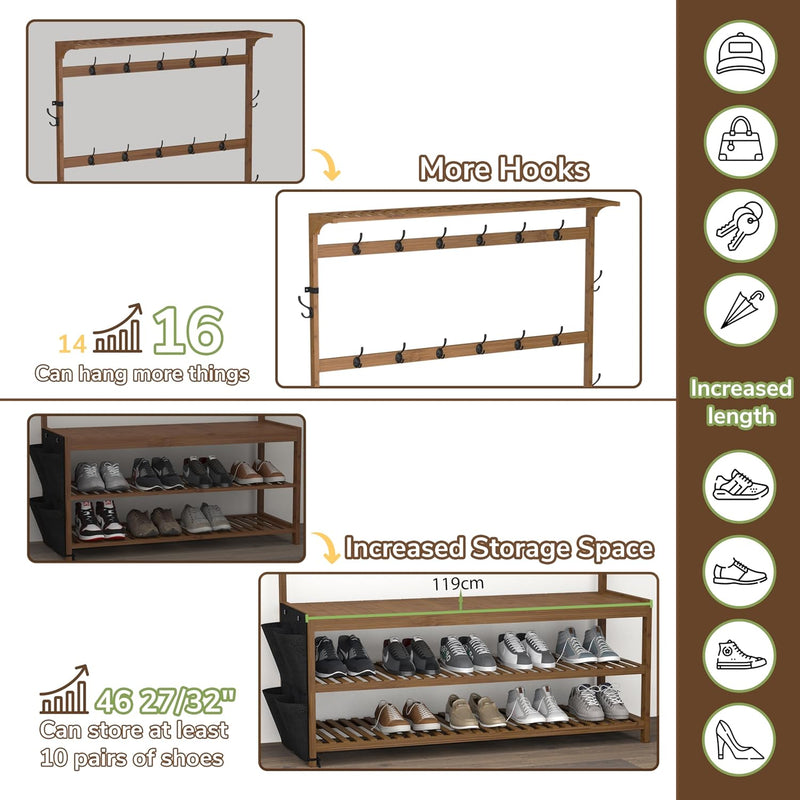 Bamboo Coat Rack 6 in 1 Hall Tree Shoe Bench 14 Hooks Storage Brown AMBIRD Entryway