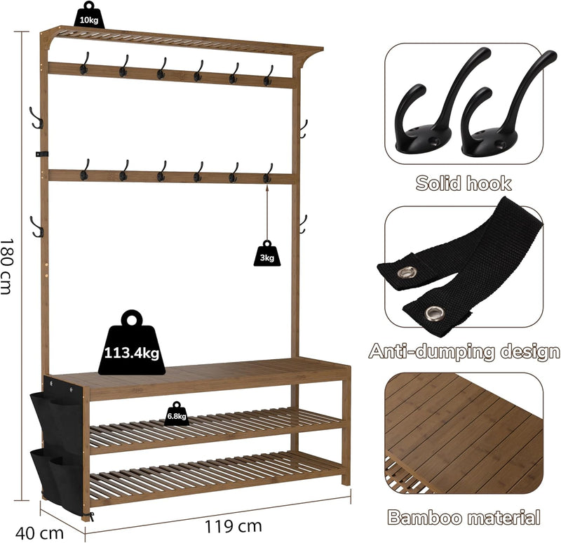 Bamboo Coat Rack 6 in 1 Hall Tree Shoe Bench 14 Hooks Storage Brown AMBIRD Entryway