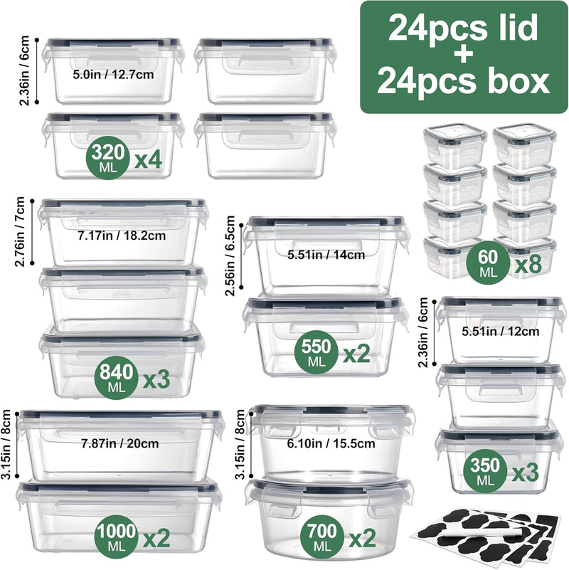 Alivio 24Pc Food Storage Containers, Meal Prep Containers with Leakproof Lid, Airtight Lunch Box, Microwave, Oven, Freezer & Dishwasher Storage Box Multiple Size (Transparent, Set of 24pc)