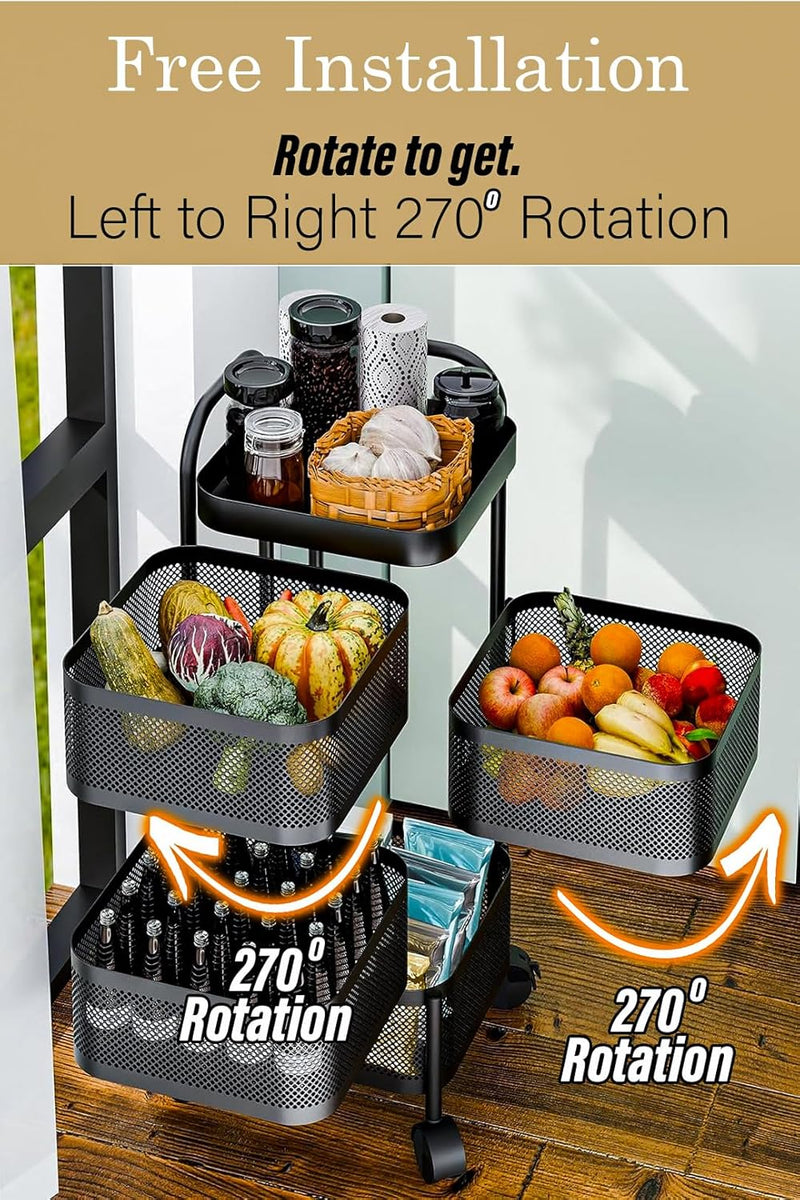 4 Tier Square Movable And Detachable Metal Rolling Trolley Cart Basket Shelf With Wheels – Kitchen Ideal Storage Rack For Vegetable, Fruit, Pantry, Bathroom – Black (4 - Tier)