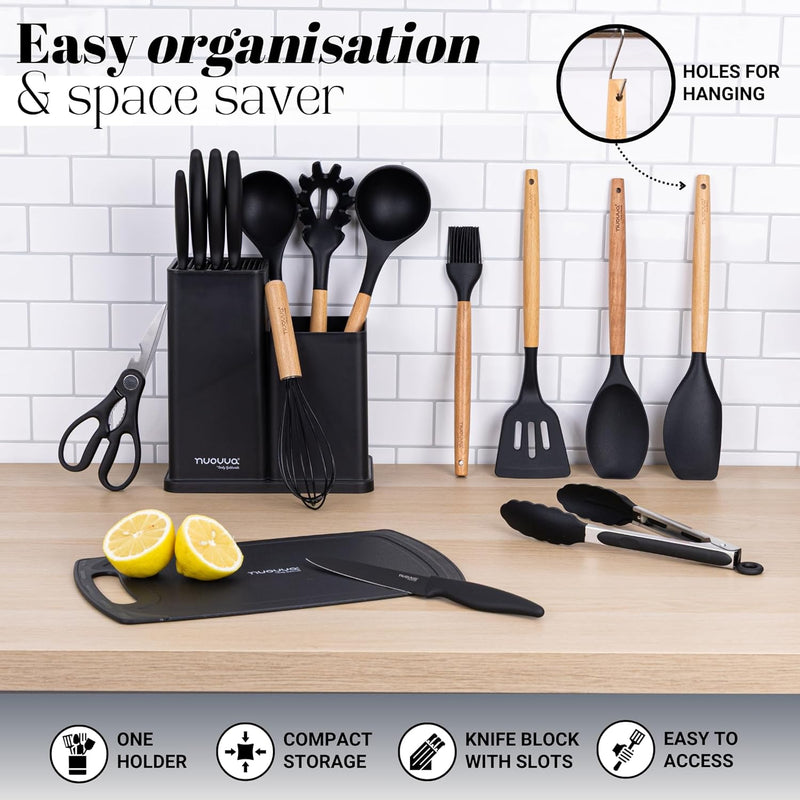 Cooking Utensils Set with Chopping Board – Knife Set with Block – Heat Resistant Silicone Utensils with Wooden Handle, Spoons, Ladles & Spatula – Kitchen Tools & Accessories – 17pcs, Grey – by Nuovva