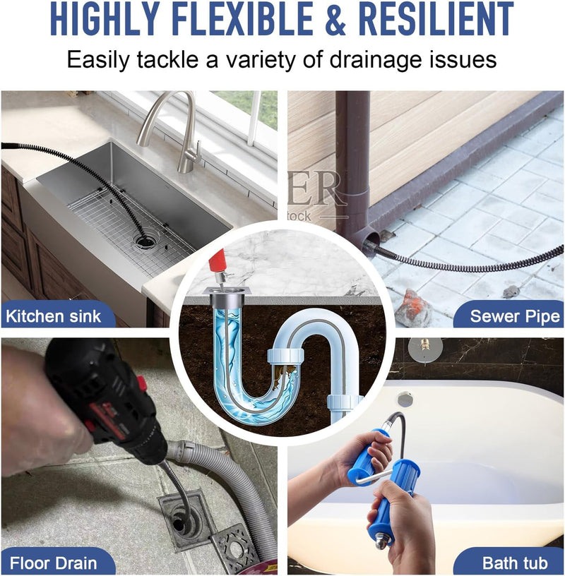 Pipe Cleaning Spiral 16.4ft 0.47in Drain Cleaner Cable 8 Cutter Heads 2 Sets Kit