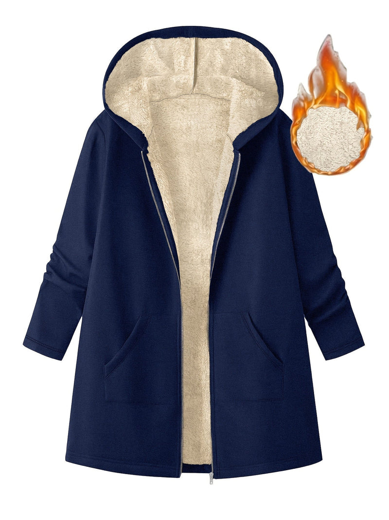 Women's Solid Color Fleece Lined Mid Length Hooded Coat