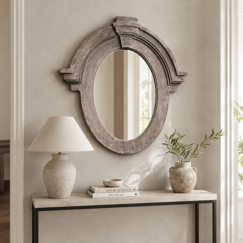 Mansard Architectural Oval Wall Mirror - Distressed Grey Wood Frame