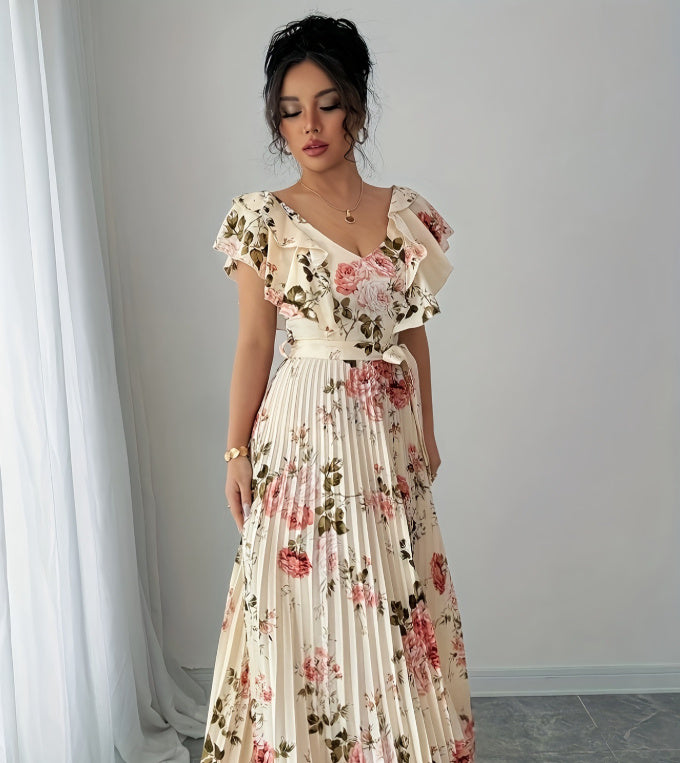 V-neck Digital Floral Print Ruffles Dress