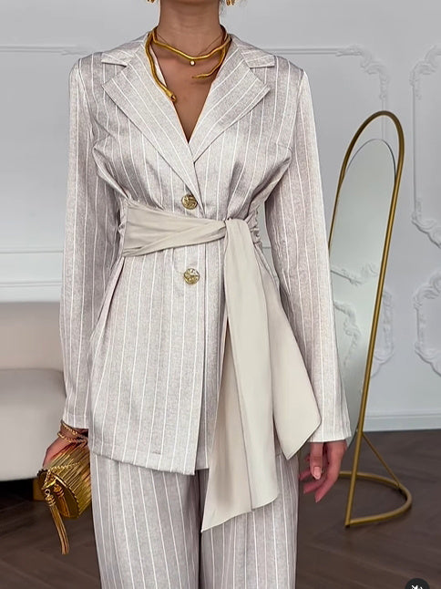 Striped Waist-tie Blazer & Pants Set