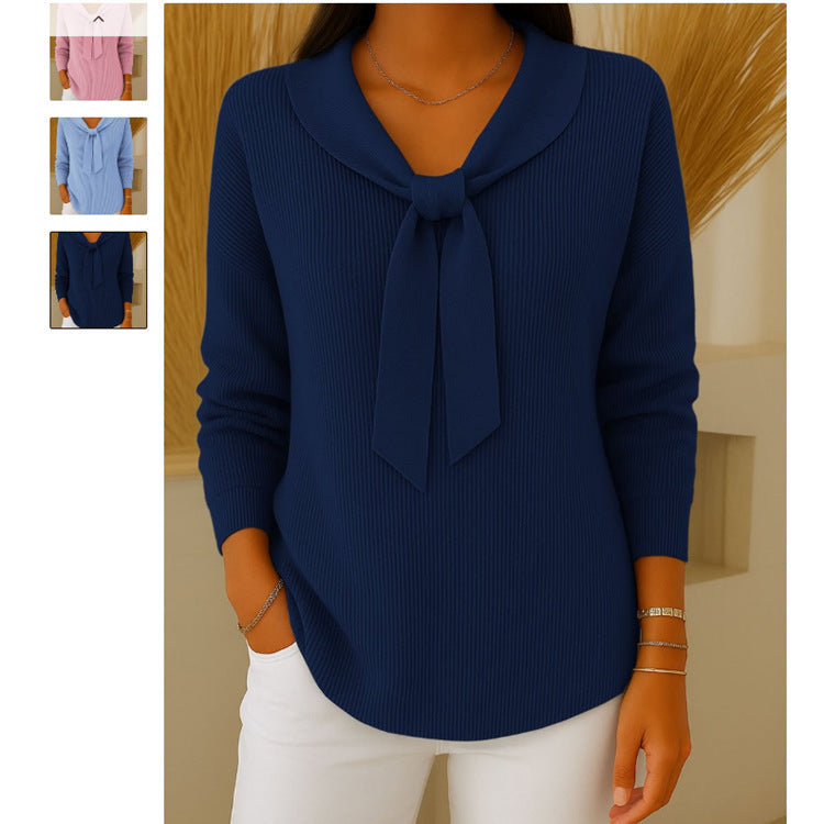 Women's Solid Color Loose And Knitted Bow Sweater