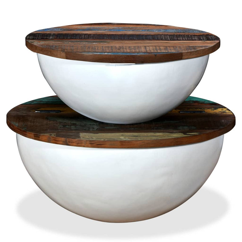 Coffee Table Set 2 Pieces Solid Reclaimed Wood White Bowl Shape