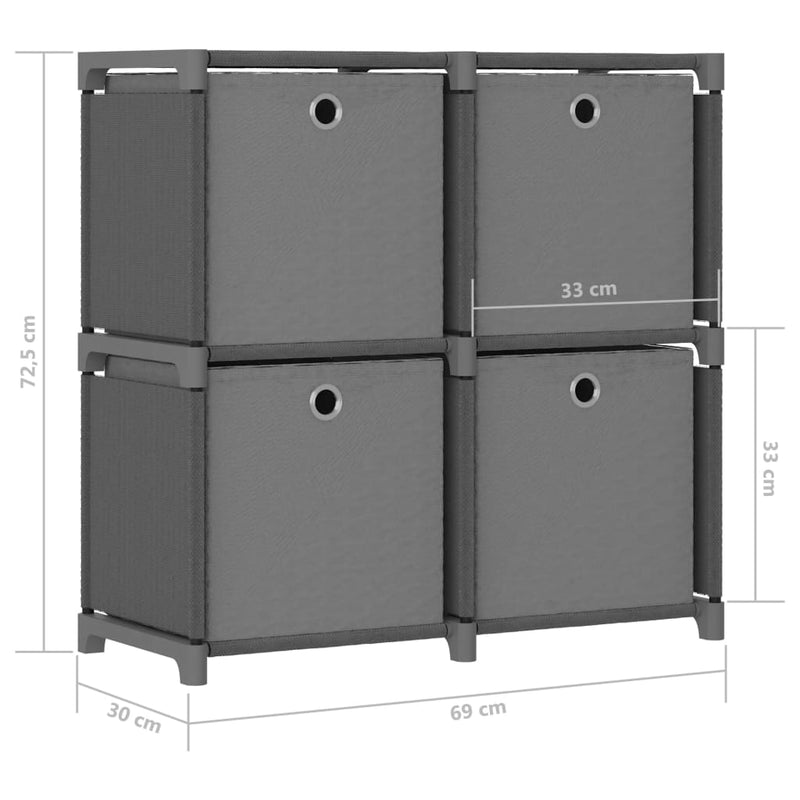 4-Cube Display Shelf with Boxes Grey 69x30x72.5 cm Fabric