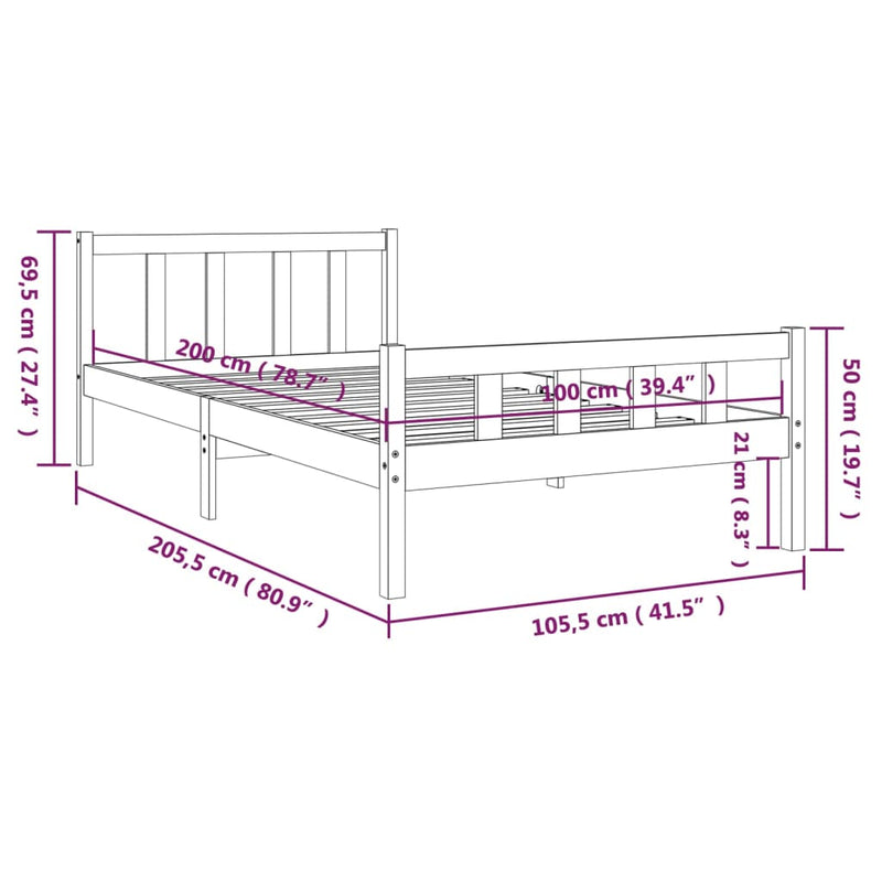 Bed Frame without Mattress Grey Solid Wood 100x200 cm