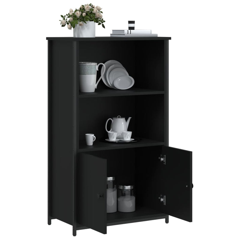 Industrial Wooden Highboard Storage Cabinet Unit With 2 Doors & Open Shelves Wood