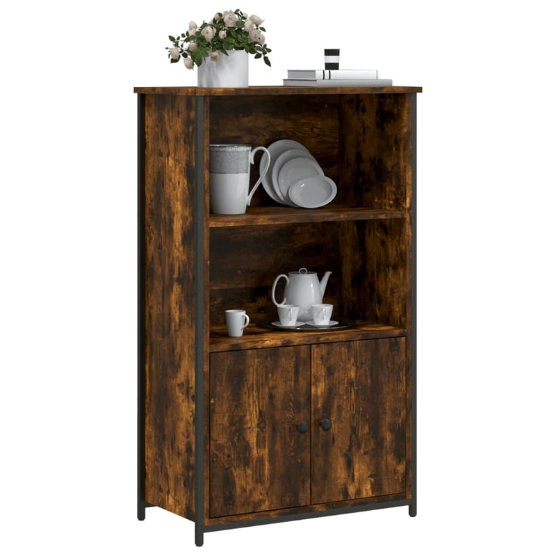 Industrial Wooden Highboard Storage Cabinet Unit With 2 Doors & Open Shelves Wood