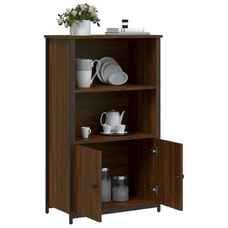 Industrial Wooden Highboard Storage Cabinet Unit With 2 Doors & Open Shelves Wood