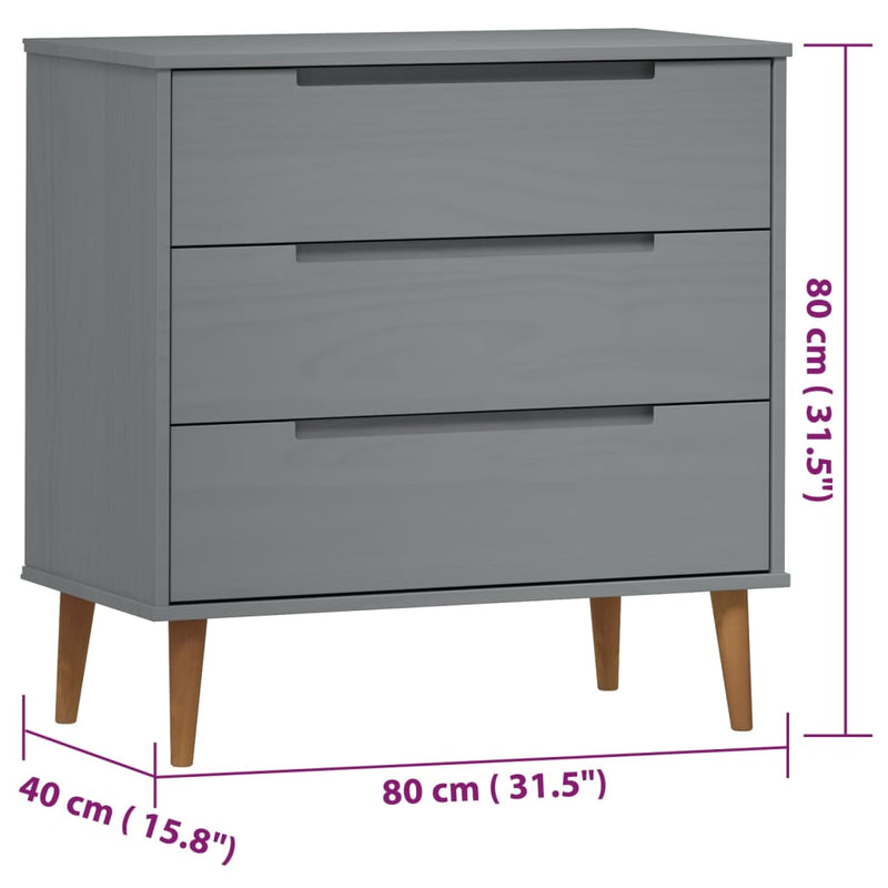 Drawer Cabinet MOLDE Grey 80x40x80 cm Solid Wood Pine
